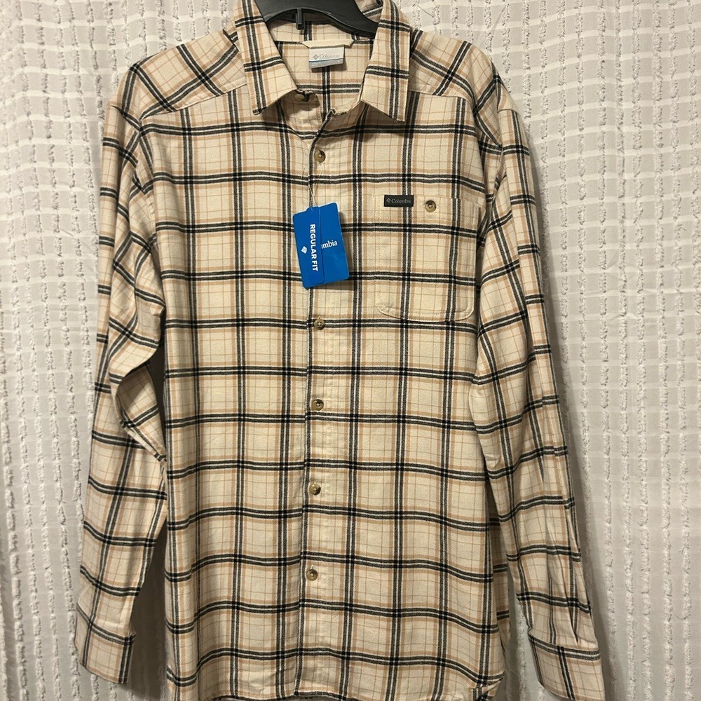 Columbia Cornell Woods Flannel Long Sleeve Shirt Mens Large Tan Plaid AM1523-192 - Picture 1 of 7